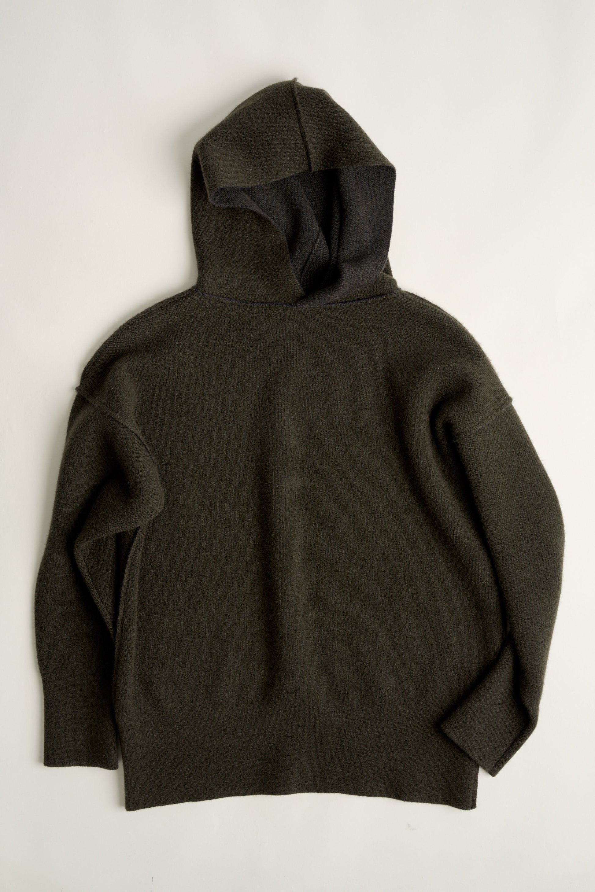 This image features a luxurious forest cashmere hoodie, modeled by a female. The hoodie boasts a modern and minimalist design, with a relaxed fit that enhances its appeal.